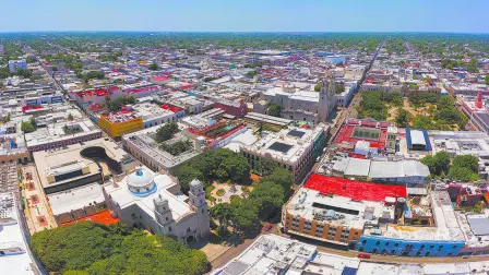Panoramic aerial view of the colonial streets in the center of Merida