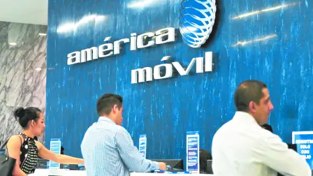 The America Movil logo is seen at the reception area in the company