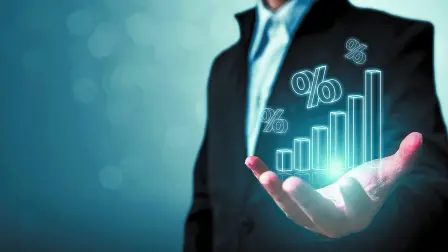 Interest rate financial and mortgage rates concept. Businessman hand show icon percent 3d sign with graph indicator