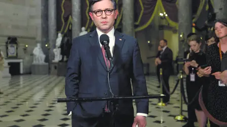 FILE PHOTO: Speaker of the House Mike Johnson (R-LA) speaks to the media after the Senate dismissed the House Republican impeachment charges against Homeland Security Secretary Alejandro Mayorkas in Washington