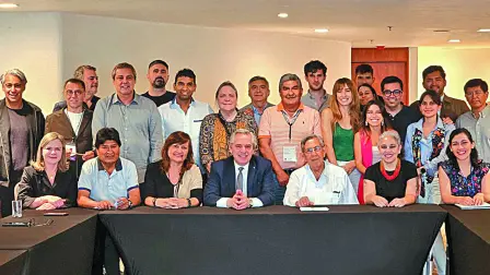 Evo Morales y Alberto Fernández en el festejo por el triunfo de Claudia Sheinbaum