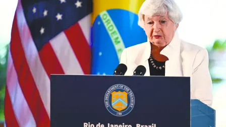 Janet Yellen, secretaria del Tesoro estadounidense, en conferencia de prensa en Rio de Janeiro.  Foto: AFP