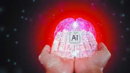 AI brain. Low poly wireframe mesh of artificial intelligence. Polygonal line art in a man's hands Humans use AI