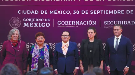 CIUDAD DE MÉXICO, 30SEPTIEMBRE2024.- María Estela Ríos González, Rosa Icela Rodríguez Velázquez 
Luisa María Alcalde Luján, Omar García Harfuch y Ernestina Godoy Ramos 
durante la ceremonia oficial de entrega-recepción de la Secretaría de Gobernación, la Secretaría de Seguridad y protección Ciudadana (SSPC),así como la Consejería Jurídica de Presidencia de la República. 
FOTO: ANDREA MURCIA /CUARTOSCURO.COM