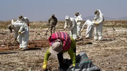 Voluntarios participan en una campaña para limpiar las orillas del lago Uru Uru, en Oruro, Bolivia