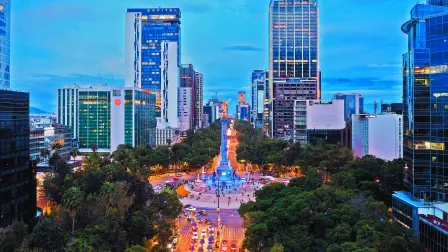 Mexico City, CDMX, Mexico, OCTOBER, 16 2021, Aerial image of The Angel of Independence, one of the most famous roundabouts in Mexico