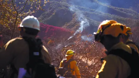 El grupo de bomberos enviados por el Gobierno de México participaban ayer en el área de Tarzana, distrito de Los Ángeles.