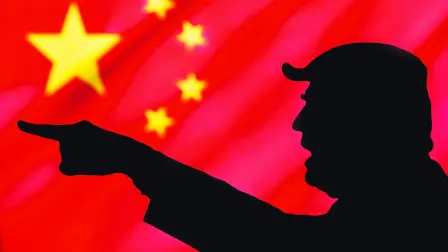 NEW YORK, USA, MAY 25, 2020: US President Donald Trump and his conflict with China. Angry Trump showing hand, flag of the Republic of China in the background. illustration photo, edit space