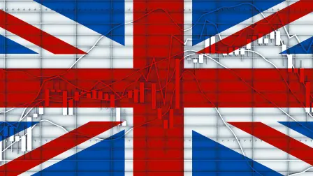 Forex candlestick pattern. Trading chart concept. Financial market chart. 3D rendering. Flag of the United Kingdom