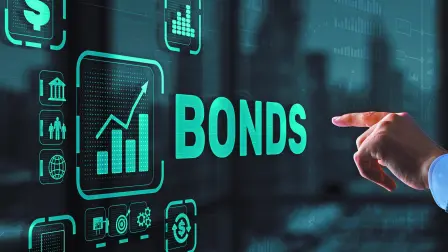 Businessman clicks a bonds virtual screen. Bond Finance Banking Technology concept. Trade Market Network