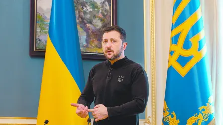 Ukraine's President Volodymyr Zelenskiy gives a press conference in Kyiv, Ukraine, on February 19, 2025, amid the Russian attack on Ukraine.     Tetiana Dzhafarova/Pool via REUTERS?