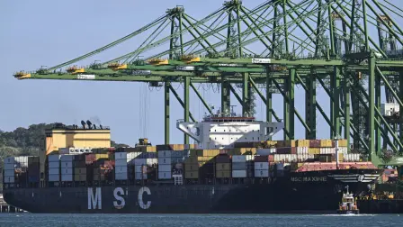 El carguero portugués MSC Maxine se muestra en el Puerto de Balboa, a la entrada del Canal de Panamá en la Ciudad de Panamá.
