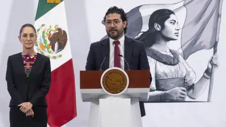 Marath Bolaños, secretario del Trabajo y Previsión Social (STPS), durante la conferencia matutina de la presidenta Claudia Sheinbaum.