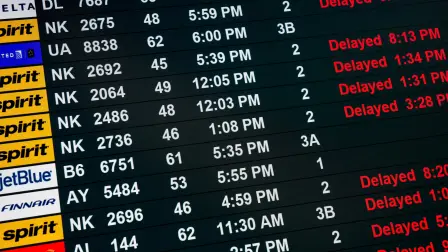 Una pantalla muestra vuelos retrasados ​​en el Aeropuerto Internacional Newark Liberty en Newark, Nueva Jersey.