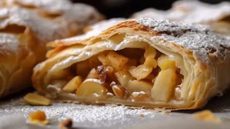 Freshly baked apple strudel on wooden plate generated by artificial intelligence