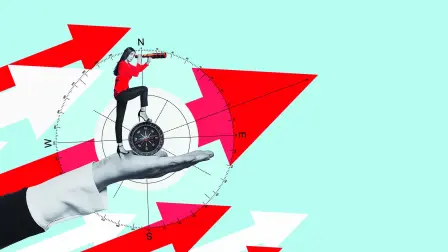 Art collage. Signpost - a hand shows the business woman with pirate telescopes where to look. Compass. Business analytics and strategic. Find a way.