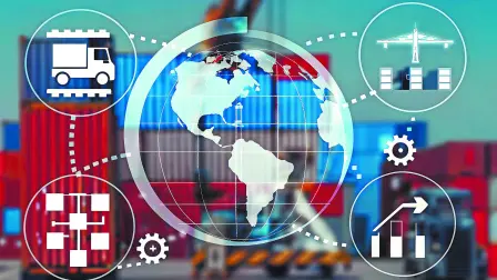 Import tariffs increase concept with digital symbols of trade, tax, and logistics over a global network background, Industrial Tariffs growth.Import Trade Tariffs increase,global currency symbols.