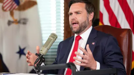 US Vice President JD Vance hosts an episode of the Charlie Kirk Show in the Eisenhower Executive Office Building on the White House campus in Washington, DC, on September 15, 2025. The 31-year-old Kirk was killed on September 10 when hit by a single bullet in his neck while addressing a large crowd at Utah Valley University in the town of Orem. Turning Point USA announced that a memorial service for Kirk will take place in a football stadium near Phoenix, Arizona on September 21, which US President Donald Trump confirmed he will attend. (Photo by Doug MILLS / POOL / AFP)