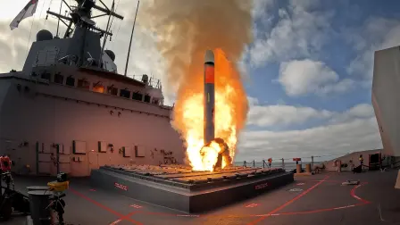 An undated handout photo received on December 10, 2024 from the Australian Defence shows the HMAS Brisbane firing a Tomahawk Weapon System off the west coast of the US. The Australian destroyer HMAS Brisbane test-fired a US Tomahawk cruise missile, officials said on December 10, hailing a "major milestone" in the country's decade-long plan to beef up its fleet in the face of an Asia-Pacific arms race. (Photo by Handout / AUSTRALIAN DEFENCE / AFP) / ----EDITORS NOTE ----RESTRICTED TO EDITORIAL USE MANDATORY CREDIT " AFP PHOTO / AUSTRALIAN DEFENCE" NO MARKETING NO ADVERTISING CAMPAIGNS - DISTRIBUTED AS A SERVICE TO CLIENTS