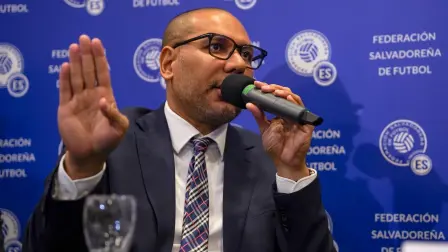 Yamil Bukele, new president of the Salvadoran Football Federation, speaks during a press conference in San Salvador on December 12, 2025. Yamil Bukele, brother of El Salvador's President Nayib Bukele, was elected as the new president of the Salvadoran Football Federation after an election as the only candidate on December 12, 2025. (Photo by Camilo FREEDMAN / AFP)