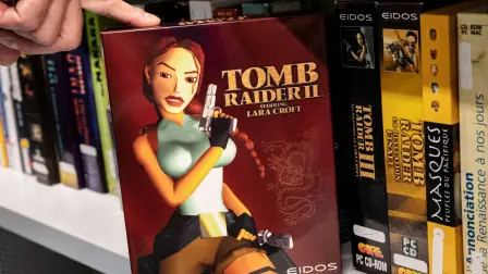 This photograph taken on August 4, 2022 shows the video game Tomb Raider II belonging to the Charles Cros collection exposed at the Francois-Mitterrand National Library of France in Paris. (Photo by BERTRAND GUAY / AFP)