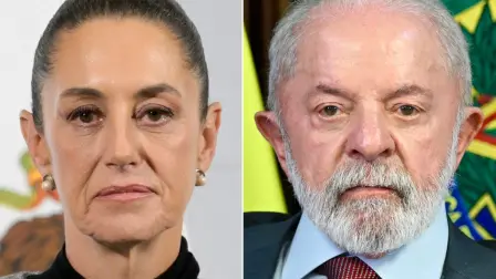 (FILES) (COMBO) This combination of files pictures created on August 28, 2025 shows Mexico's President Claudia Sheinbaum looking in a daily press conference at the National Palace in Mexico City on February 28, 2025, and Brazil's President Luiz Inacio Lula da Silva attending a ministerial meeting at the Planalto Palace in Brasilia on August 26, 2025. Sheinbaum ruled out signing a free trade agreement with Brazil on August 28, 2025, amid pressure on Latin Americas two largest economies from US President Donald Trumps trade policy. (Photo by Evaristo SA and Alfredo ESTRELLA / AFP)