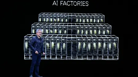 NVIDIA CEO Jensen Huang speaks during the Live Keynote Pregame during the Nvidia GTC (GPU Technology Conference) in Washington, DC, on October 28, 2025. (Photo by Jim WATSON / AFP)