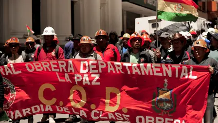 Demonstrators attend a rally called by unions against the elimination of long-standing fuel subsidies by the government in La Paz on January 5, 2026. (Photo by JORGE BERNAL / AFP)
