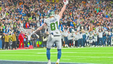 Dec 18, 2025; Seattle, Washington, USA; Seattle Seahawks tight end Eric Saubert (81) makes a catch for a game-winning two-point conversion against the Los Angeles Rams in overtime at Lumen Field. Mandatory Credit: Steven Bisig-Imagn Images