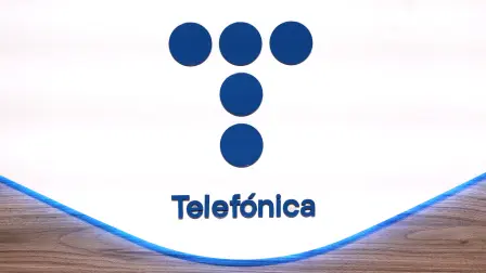 This photograph shows Telefonica's logo during a press conference to announce the company's yearly results for 2023 in Madrid on February 22, 2024. Spanish telecoms giant Telefonica said it swung to a loss in 2023 despite higher revenue after making provisions for layoffs in its domestic business. (Photo by Thomas COEX / AFP)