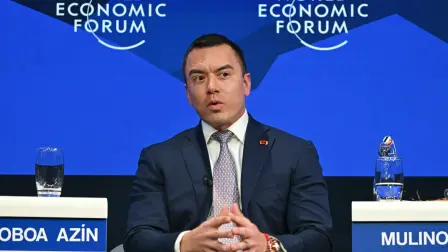 Ecuadors President Daniel Noboa speaks during the World Economic Forum (WEF) annual meeting in Davos on January 20, 2026. The World Economic Forum takes place in Davos from January 19 to January 23, 2026. (Photo by Fabrice COFFRINI / AFP)