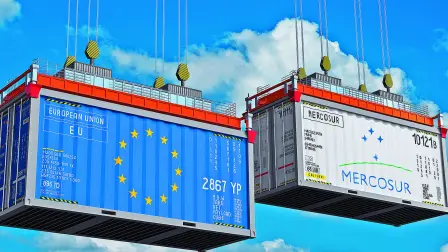 Shipping containers with flags of European Union and Mercosur - 3D illustration