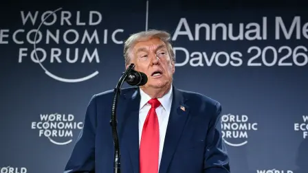 US President Donald Trump speaks during a reception with business leaders on the sidelines of the World Economic Forum (WEF) annual meeting in Davos on January 21, 2026. The World Economic Forum takes place in Davos from January 19 to January 23, 2026. (Photo by Mandel NGAN / AFP)
