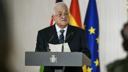 President of the Palestinian Authority Mahmoud Abbas delivers remarks following his meeting with Sanish Prime Minister Pedro Sanchez at the Moncloa Palace in Madrid on December 10, 2025. (Photo by Javier SORIANO / AFP) / The erroneous mention[s] appearing in the metadata of this photo by Javier SORIANO has been modified in AFP systems in the following manner: [December 10, 2025] instead of [December 12, 2025]. Please immediately remove the erroneous mention[s] from all your online services and delete it (them) from your servers. If you have been authorized by AFP to distribute it (them) to third parties, please ensure that the same actions are carried out by them. Failure to promptly comply with these instructions will entail liability on your part for any continued or post notification usage. Therefore we thank you very much for all your attention and prompt action. We are sorry for the inconvenience this notification may cause and remain at your disposal for any further information you may require.