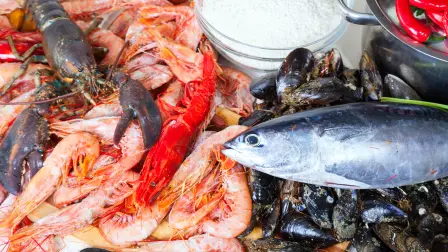 fresh uncooked marine products and  seasonings at cooking table in kitchen