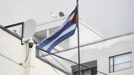This view shows a Cuban flag at the Cuban embassy in Quito on March 4, 2026. The government of Ecuador expelled Cubas ambassador in Quito, Basilio Gutierrez, on March 4, 2026, and gave him 48 hours to leave the country along with his entire diplomatic mission, the Foreign Ministry said. (Photo by Rodrigo BUENDIA / AFP)