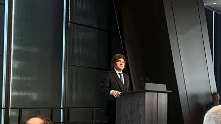 Argentine President Javier Milei speaks as part of the Argentina Week event at the JPMorgan Chase & Co. headquarters in New York City, U.S., March 10, 2026. REUTERS/Rodrigo Campos