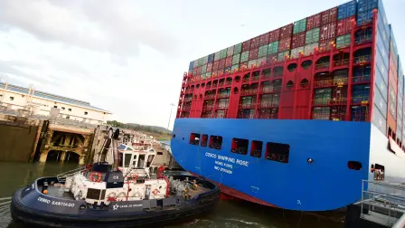 Chinese Cosco Shipping Rose container ship sails the newly inaugurated Cocoli locks, during the visit of China's President Xi Jinping, in the Panama Canal, on December 3, 2018. Chinese President Xi Jinping is on an official visit to Panama after attending the G20 Summit in Argentina. (Photo by Luis Acosta / AFP)