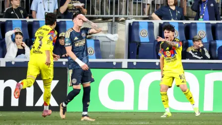 CHESTER, PENNSYLVANIA - MARCH 10: Alejandro Zendejas #10 of Club America celebrates with teammate Raphael Veiga #23 after scoring a goal during the first half against the Philadelphia Union at Subaru Park on March 10, 2026 in Chester, Pennsylvania.   Isaiah Vazquez/Getty Images/AFP (Photo by Isaiah Vazquez / GETTY IMAGES NORTH AMERICA / Getty Images via AFP)
