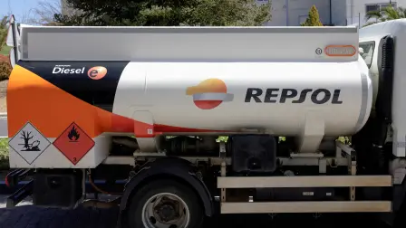 FILE PHOTO: The Repsol logo is displayed on a tanker truck at a petrol station in Arriate, Spain, March 31, 2025. REUTERS/Jon Nazca/File Photo
