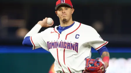 MIAMI, FLORIDA - MARCH 13: Manny Machado #3 of Team Dominican Republic throws in the second inning of the quarterfinal game against Team Korea in the 2026 World Baseball Classic at loanDepot park on March 13, 2026 in Miami, Florida.   Al Bello/Getty Images/AFP (Photo by AL BELLO / GETTY IMAGES NORTH AMERICA / Getty Images via AFP)