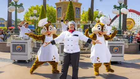 Guests can join the celebration and dance alongside their favorite Disney characters at “Cookin’ with the Jammin’ Chefs” during the Disney California Food & Wine Festival at Disney California Adventure park in Anaheim, Calif., from March 6 through April 27, 2026. Joined by Pluto, Daisy Duck, Chip ‘n’ Dale and Clarabelle Cow, these chefs serve up tasty rhythms using pots and pans at Paradise Gardens Park. (Christian Thompson/Disneyland Resort)
