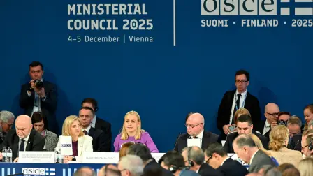FILE PHOTO: Finnish Foreign Minister and Organization for Security and Co-operation in Europe (OSCE) Chairperson-in-Office Elina Valtonen opens the organization’s annual meeting in Vienna, Austria, December 4, 2025. REUTERS/Elisabeth Mandl/File Photo