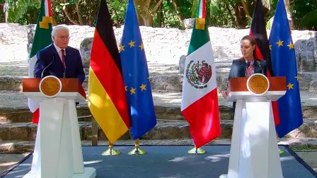 El presidente de alemania, Frank-Walter Steinmeier y la presidenta de México, Claudia Sheinbaum, ofrecieron una conferencia de prensa tras su reunión en el Museo Maya, en Cancún, Quintana Roo.