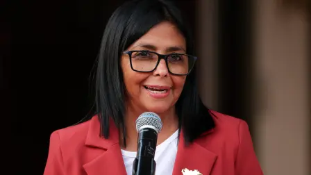 Venezuela's interim President Delcy Rodriguez speaks as she meets with U.S. Interior Secretary Doug Burgum (not pictured), in Caracas, Venezuela, March 4, 2026. REUTERS/Leonardo Fernandez Viloria