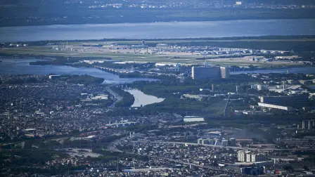 View from the Christ the Redeemer statue showing the Galeao International airport (top) in Rio de Janeiro, Brazil, on December 10, 2025. (Photo by Mauro PIMENTEL / AFP)