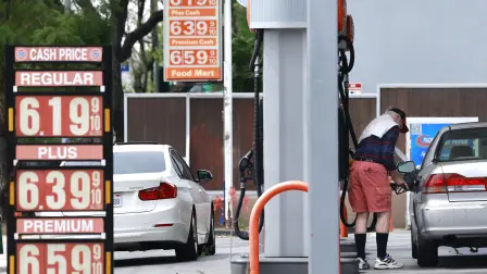 LOS ANGELES, CALIFORNIA - MARCH 30: Gas prices are displayed at a Shell gas station on March 30, 2026 in Los Angeles, California. The average price of one gallon of regular self-service gasoline rose to $5.99 today in Los Angeles County, climbing from $4.69 one month ago, amid the ongoing war with Iran.   Mario Tama/Getty Images/AFP (Photo by MARIO TAMA / GETTY IMAGES NORTH AMERICA / Getty Images via AFP)