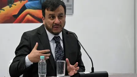 Bolivia's Minister of Hydrocarbons and Energy Mauricio Medinaceli speaks during a press conference on the hydrocarbons sector at the Casa Grande del Pueblo, in La Paz on March 31, 2026. (Photo by AIZAR RALDES / AFP)