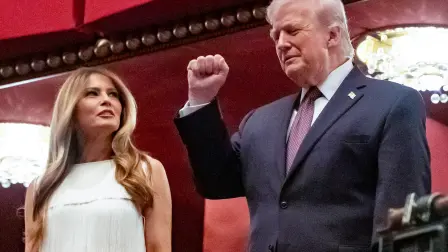 US President Donald Trump and US First Lady Melania Trump attend the opening night of "Chicago" at the Kennedy Center in Washington, DC, on March 31, 2026. (Photo by Ken CEDENO / AFP)