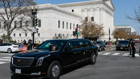 The motorcade carrying US President Donald Trump departs the Supreme Court after President Trump attended oral arguments, in Washington, DC on April 1, 2026. President Donald Trump watched the US Supreme Court hear a landmark case weighing the constitutionality of his contentious bid to end birthright citizenship, an extraordinary and possibly unprecedented move for the nation's highest office. (Photo by Kent Nishimura / AFP)